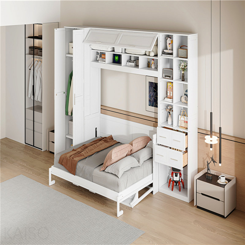 Grand lit escamotable mural avec placard, tiroirs et tablettes, blanc