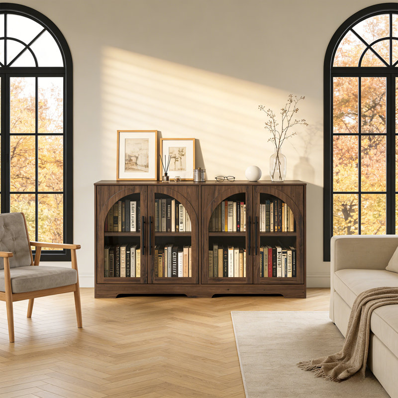 Buffet de 55 po de style rustique avec portes en verre arquées, buffet moderne avec rangement et tablettes réglables, pour la cuisine, le salon et le vestibule