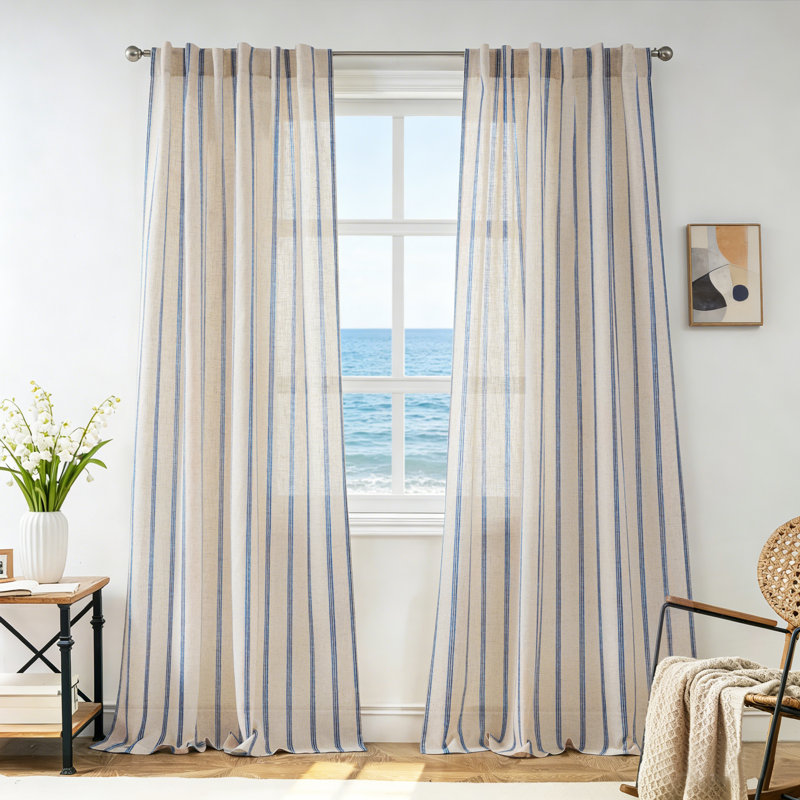 Farmhouse Striped Linen Blend Textured Light Filtering Semi Sheer Rod Pocket Back Tab Curtains, 52" W x 84" L, Navy