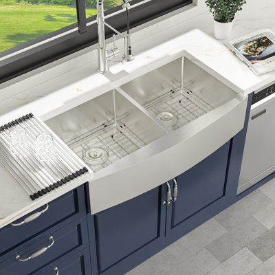 36" L x 20" W Double Bowl Stainless Steel Farmhouse Kitchen Sink with Sink Grid and Drain Basket Strainer