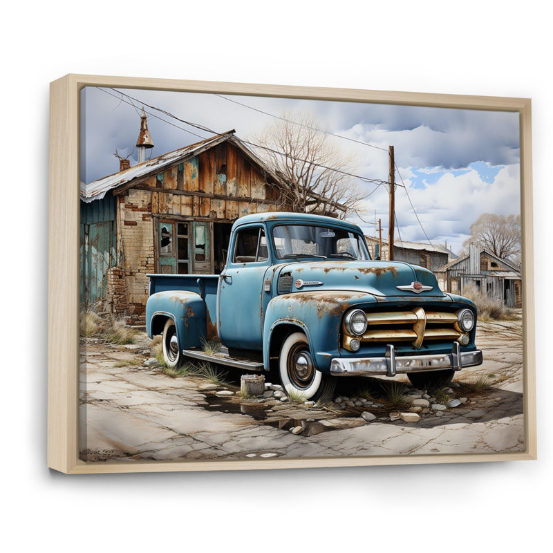 Camionnette bleue au bord de la route, nostalgie, H 12 po x l 20 po x P 1 po, Cadre naturel flottant