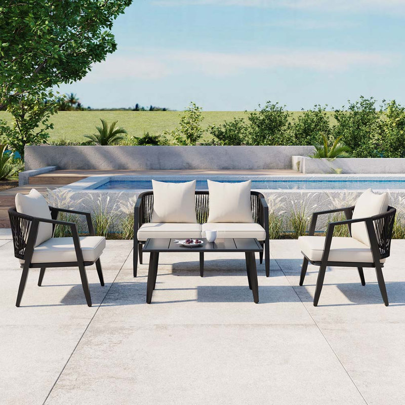 Ensemble de canapé modulaire d'extérieur 4 pièces, Beige, Noir