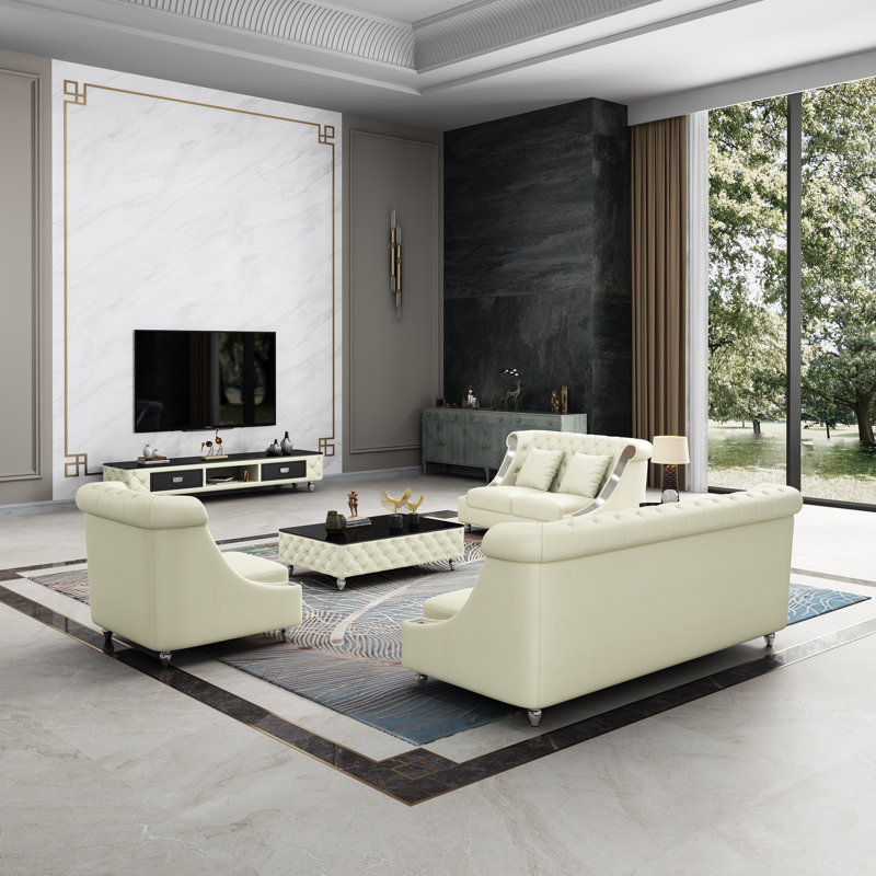 Mayfair 3 Piece Leather Living Room Set, Off White
