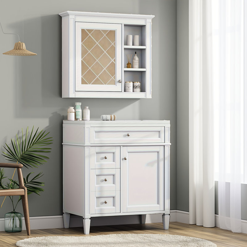 Ensemble de meuble-lavabo autoportant 30 po avec lavabo supérieur et armoire à miroir - armoire de rangement à simple évier (2 tiroirs + 1 tiroir basculant, lavabo à trois trous 32 mm)