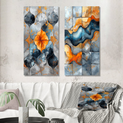 Orange antique Anatolia Floral Tiles I - Boho, grand ensemble de 2 décorations murales en métal