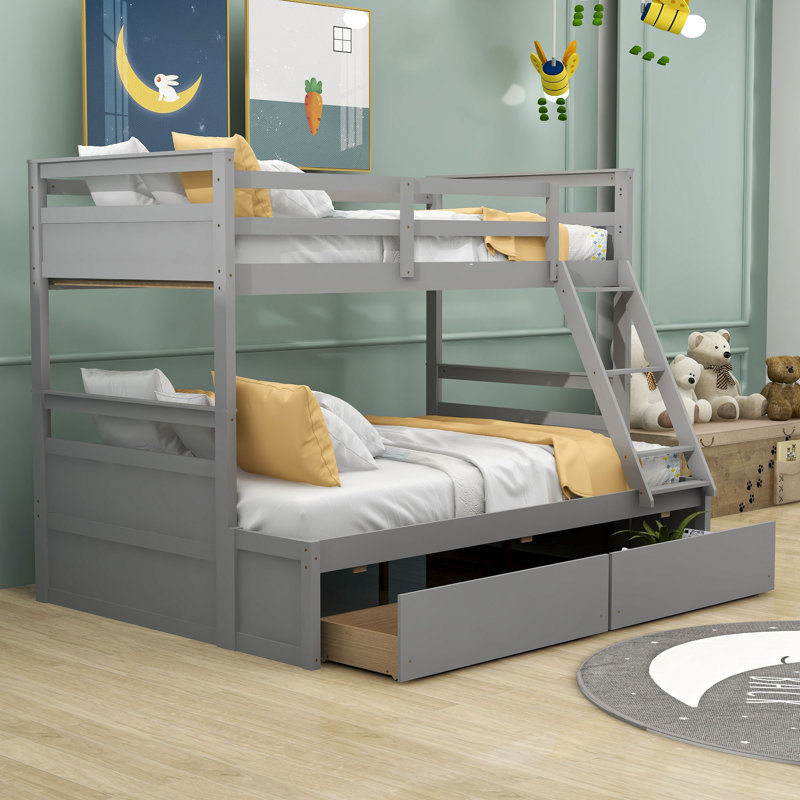 Kids Twin Over Full Bunk Bed with Drawers, Gray