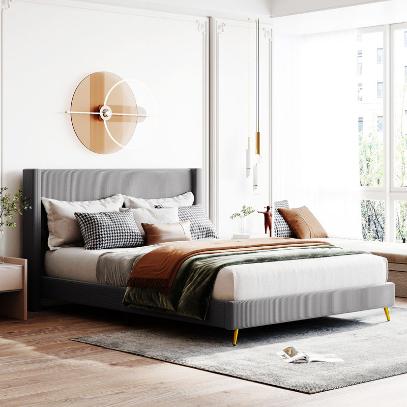 Corduroy Platform Bed With Metal Legs, Gray