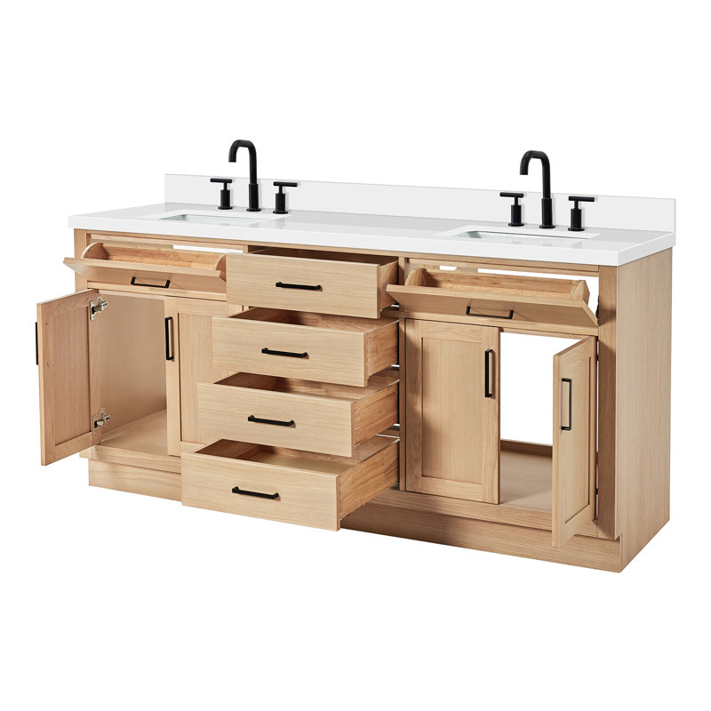 Tidworth 72'' Solid Wood Double Bathroom Vanity with 1.5'' White Quartz Top, Rectangular, Oak