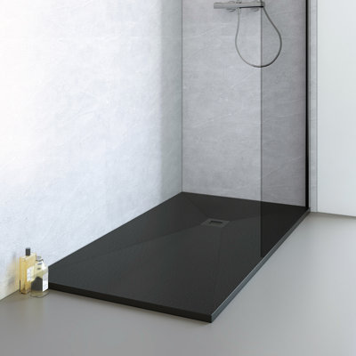 Aqualith 59" x 31" Stone‑Textured Composite Marble Shower Base, Rectangular Low‑Threshold Design, Matte Black, Slip‑Resistant, Side Drain