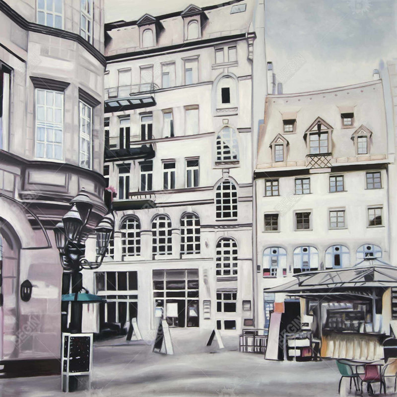 "Scène de rue en Allemagne" sur toile, H 36 po x l 36 po