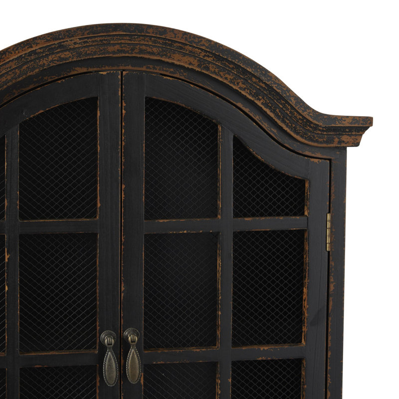 Ollert Wood Distressed 1 Shelf and 2 Door Wall Shelf with Arched Shutter Doors, Black
