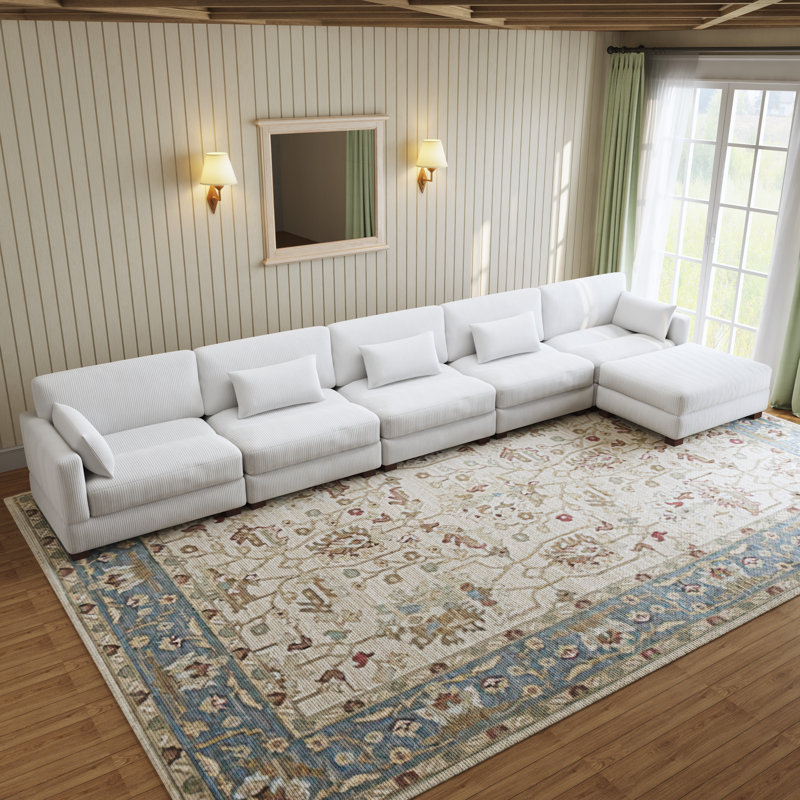 Maelina L-Shaped Corduroy Modular Sectional with Removable Cushion Cover, Beige Corduroy, 30.7"H x 199.2" W x 68.1" D