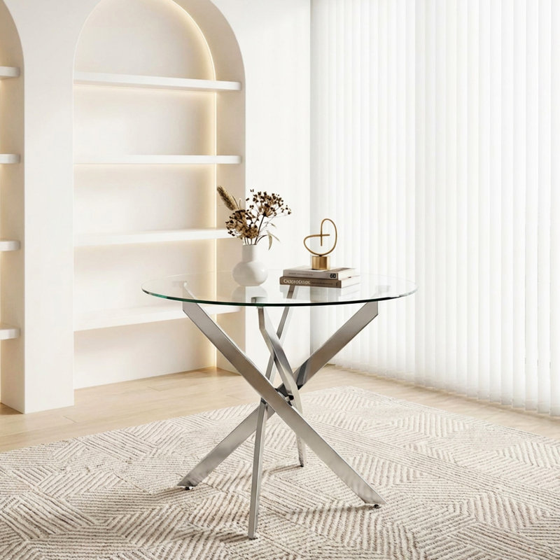 Table de salle à manger ronde en verre de 35,5 po avec pieds argentés, conception moderne pour la maison, verre trempé de 8 mm, réduction des risques de collision, table d'assemblage simple, surface lisse et bord poli, idéal pour une famille