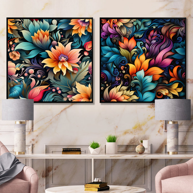 Achillee - ensemble de 2 pièces d'art mural abstrait Botanicals, H 36 po x l 73 po x P 1,5 po, Cadre noir