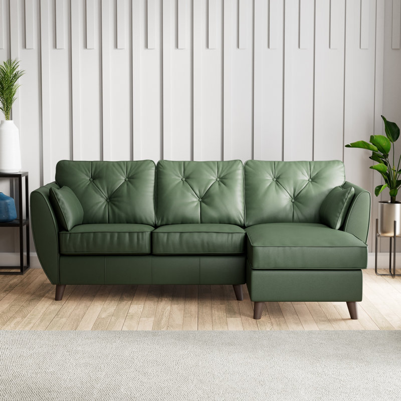 Hoxton 3 Seater Leather Maxi Sofa Chaise, Right Hand Facing, Hunter Green, Dark Wood