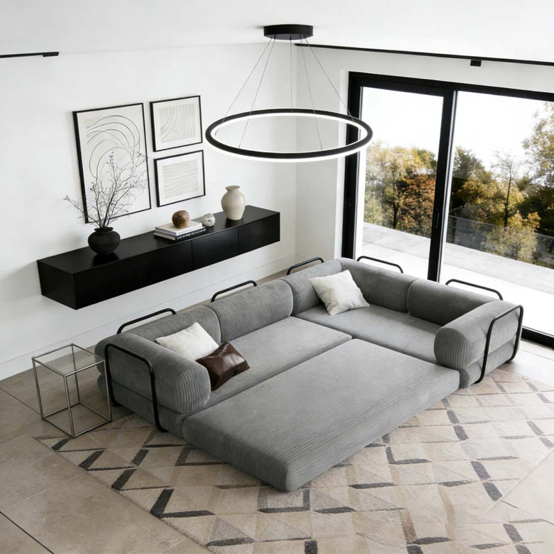 Canapé-lit modulaire en L en velours côtelé, Gris