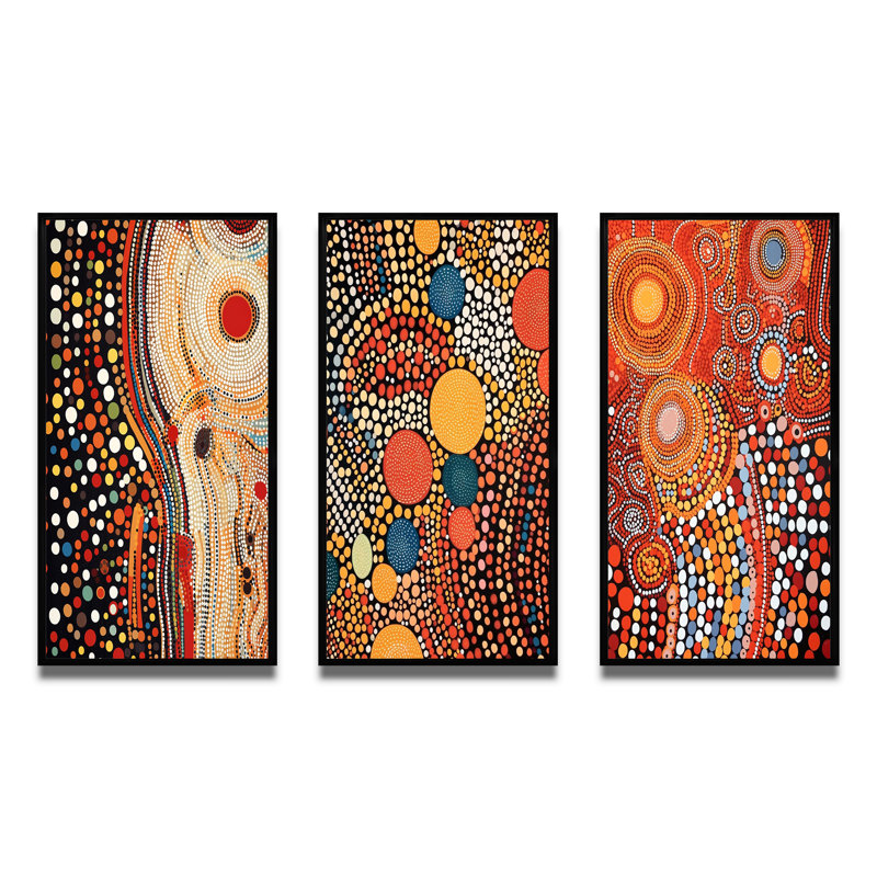 3 pièces sur toile - Compositions ambrées circulaires aborigènes III, Cadre noir, H 32 po x l 48 po
