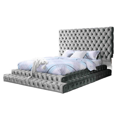 Contemporary King Bed, Oversized Headboard, Gray Flannelette Upholstered Frame, Step Up Platform, Wood Frame Size Bed With Essence, Upholstered, Mattress Ready