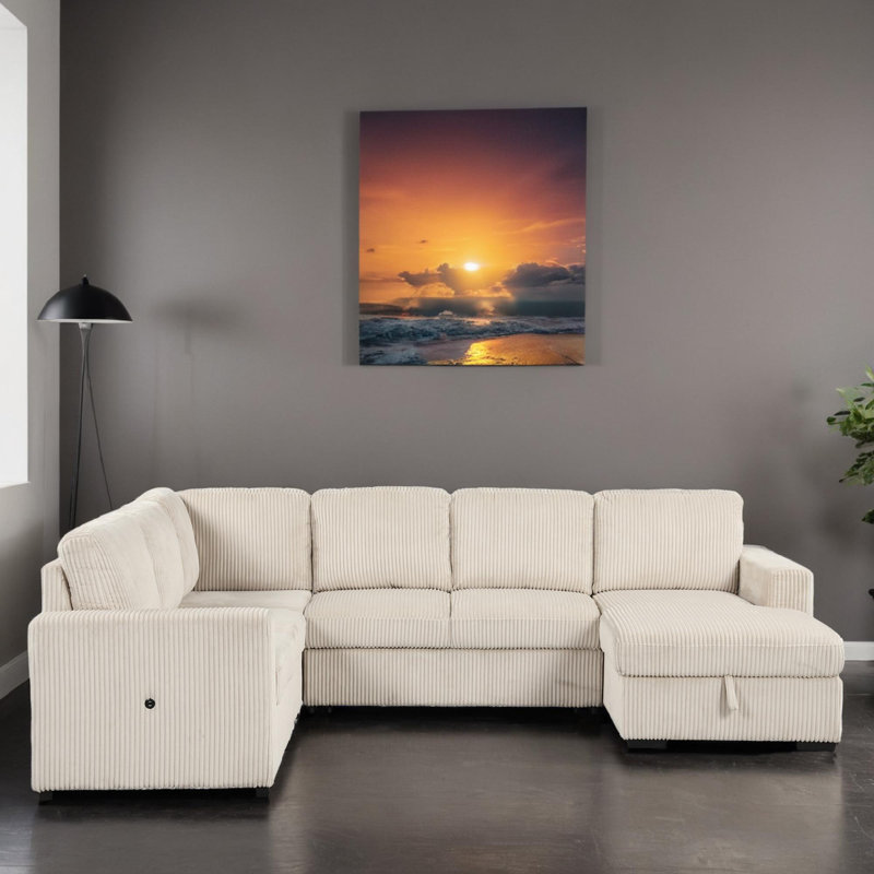 Canapé-lit modulaire avec rangement 117 po, Velours côtelé beige