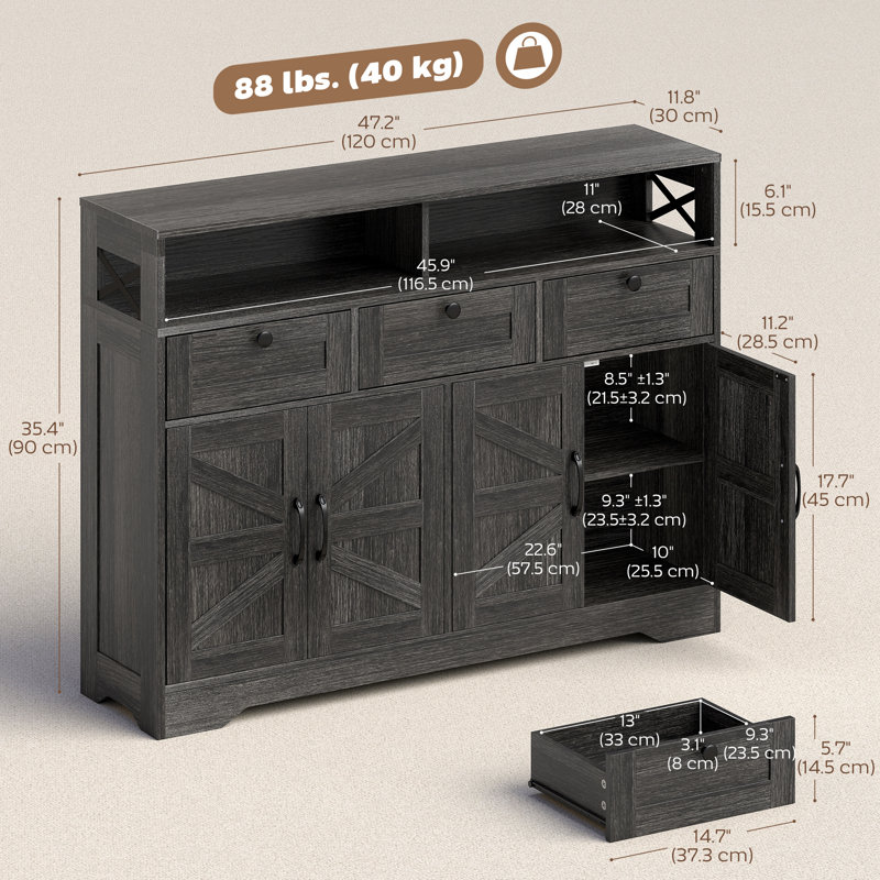 Buffet, buffet avec 4 portes de grange et 3 tiroirs brun foncé, Marron foncé