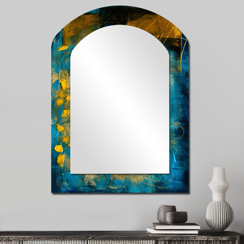 Lyrical Abstraction In Blue And Yellow I - Abstract Collages Arch Large Mirror, Modern Asymmetrical Unique Wall Mirror Decor, Printed Metal Art