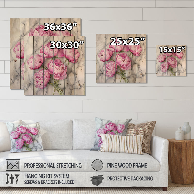 Comptoir de pivoines roses sur marbre / - Décoration murale en bois de pivoines - sur bois de pin naturel, H 30 po x l 30 po
