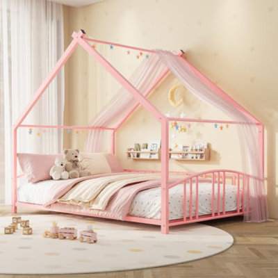 Cadre de lit au sol Montessori pour lit double, en forme de maison et avec barrières de sécurité, rose
