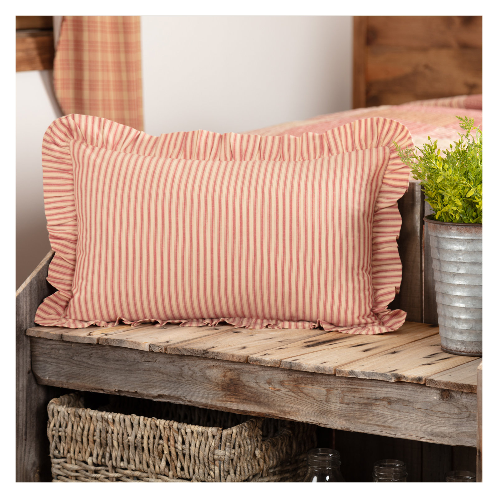 Ruffled Cotton Lumbar Throw Pillow, Country Red/Dark Tan, Polyester/Polyfill