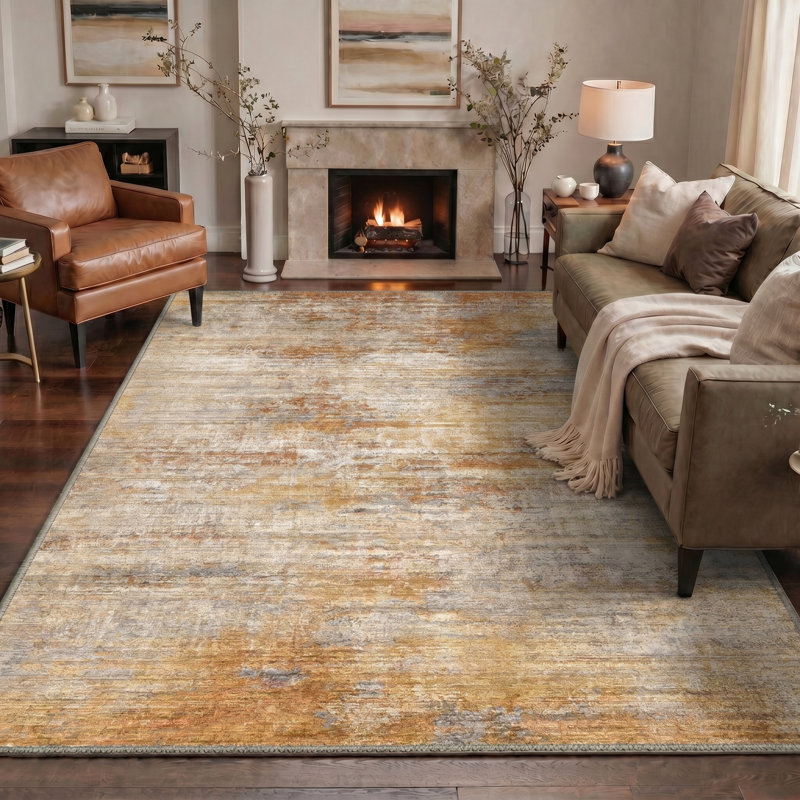 Modern Abstract Distressed Machine Washable Ochre Gray Area Rug with Non-Slip Backing, Ochre/Gray, Rectangle 6' x 9'