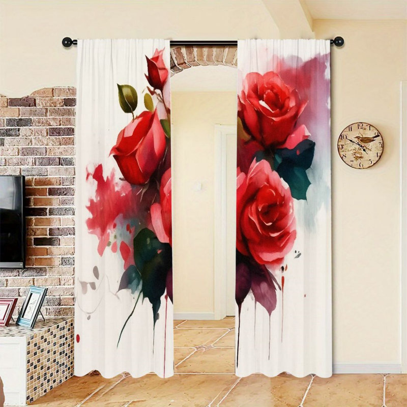 2Pcs Watercolor Red Rose Curtains, Artistic Floral Pattern, Rod Pocket Window Drapes, Romantic Flower Theme, Living Room Bedroom Study Window Decor