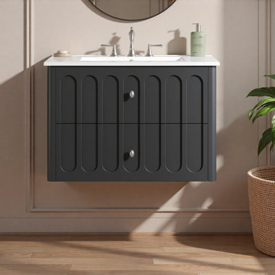 Meuble-lavabo de salle de bain flottant 30 po avec poignées ovales et bord arrondi