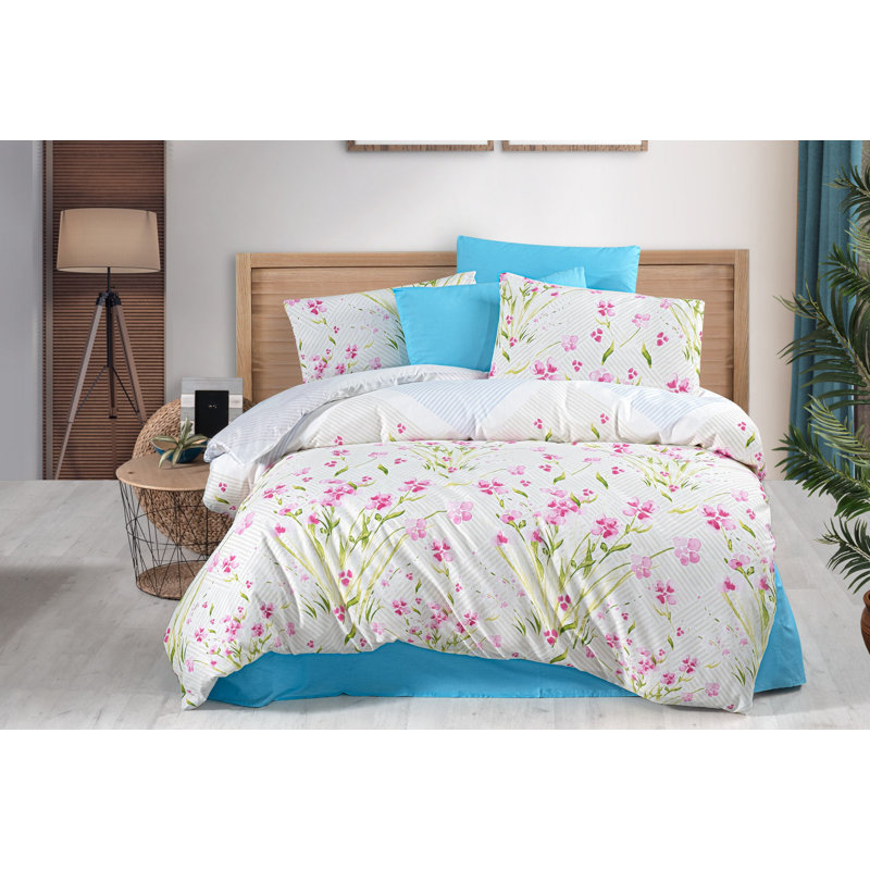 Single XL Quilt Cover Set, Blue/Purple/Green/White, 60 x 80 | 50% Cotton / 50% Polyester, 127 Thread Count | Duvet Cover with Button Closure & Envelope Pillowcase (1 Piece), Machine Washable at 30°C