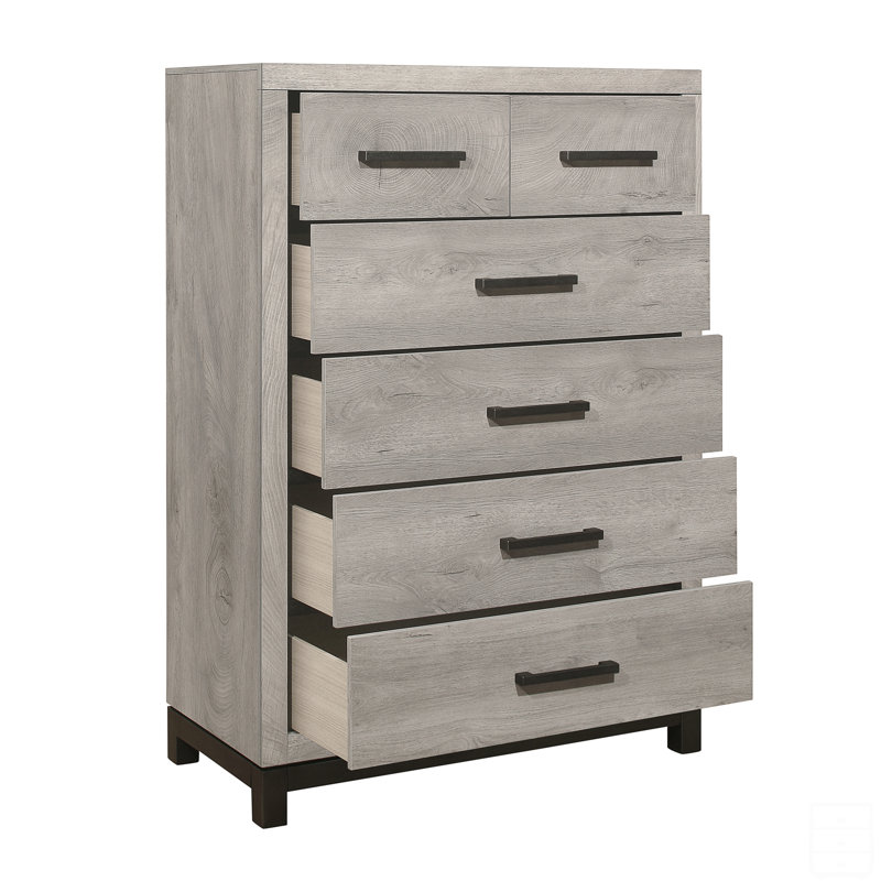 Commode de chambre à coucher bicolore à finition grise 1 pièce avec 5 tiroirs de rangement
