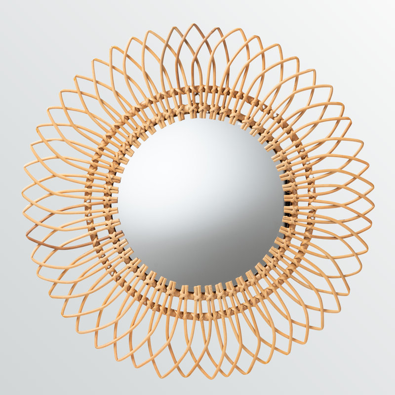 Xarvin Bohemian Style Natural Brown Rattan Circular Accent Wall Mirror, 31.21" H X 31.21" W X 1.01"D