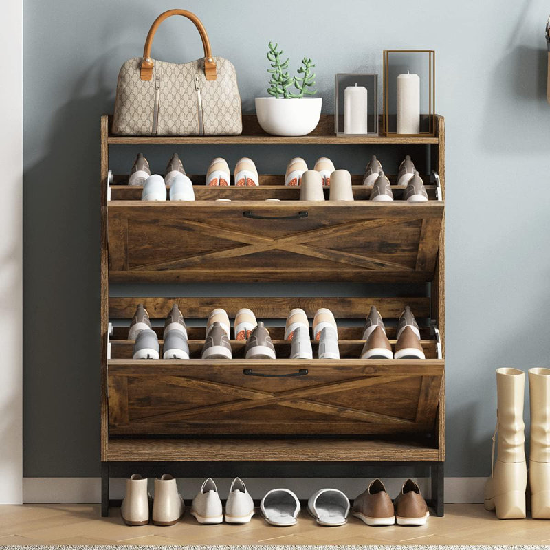 Rustic Brown Wood Shoe Storage Cabinet with Flip Drawers