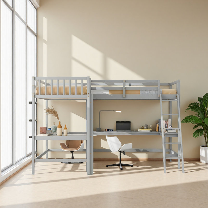 Lit mezzanine simple en bois en forme de L avec échelle et 2 bureaux intégrés en forme de L, Gris