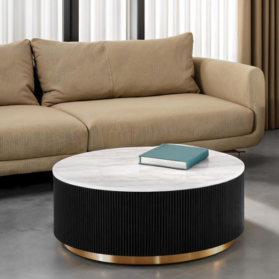 Table de salon ronde avec plateau en marbre et base en or avec base noire et blanc