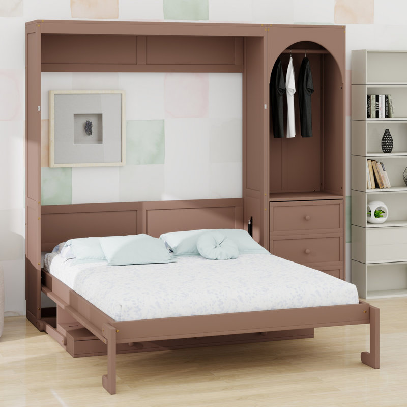 Lit escamotable classique avec 3 tiroirs, tablette de rangement et tringle pour garde-robe, Brun
