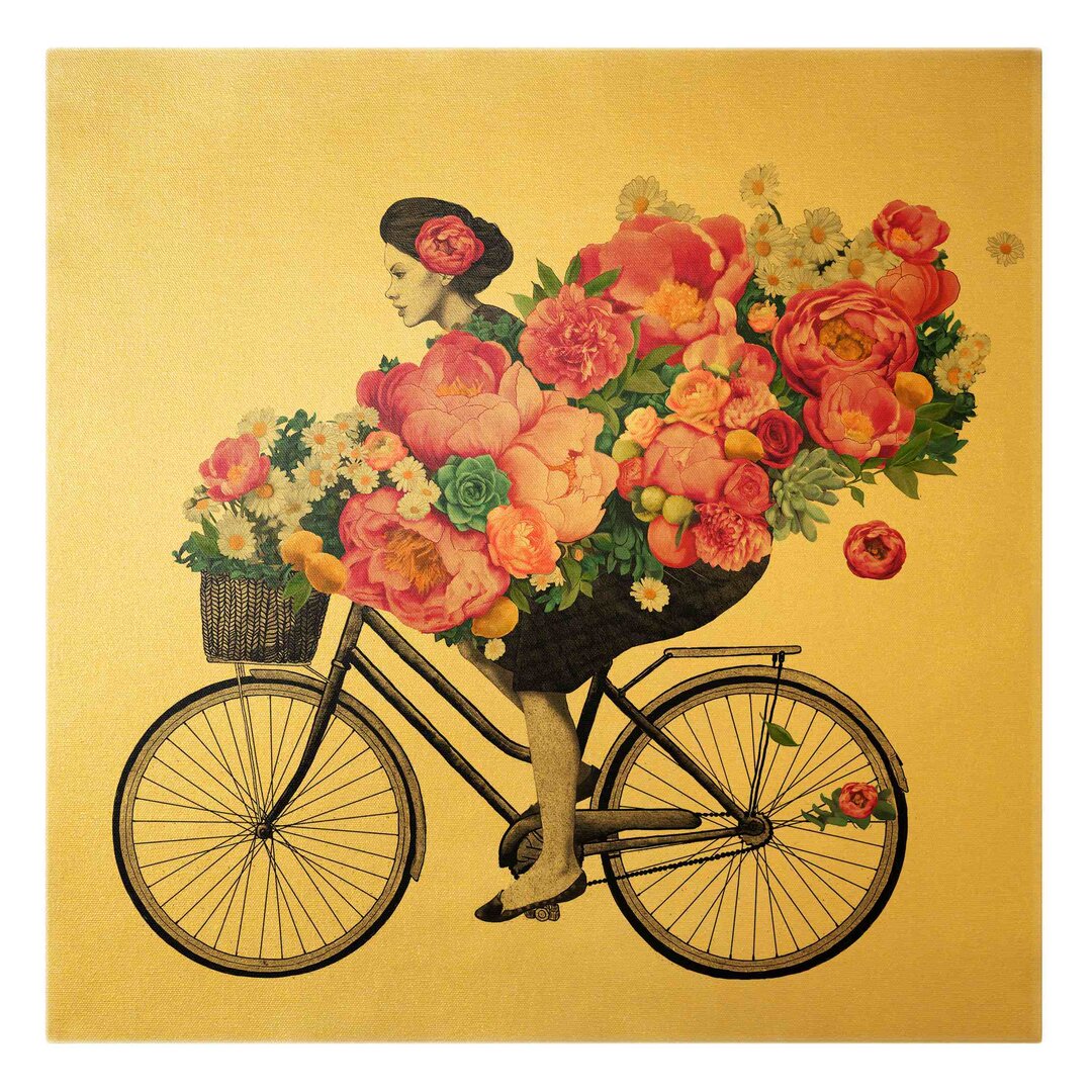 Leinwandbild Illustration Frau auf Fahrrad Collage von Laura Graves