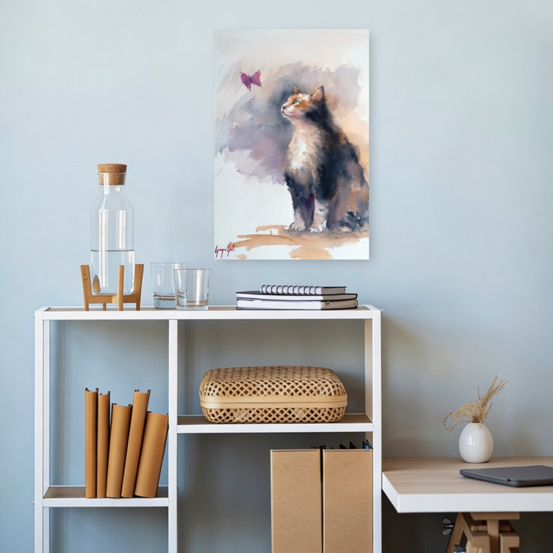 «Curious Cat and Butterfly Playful Contemporary Butterfly Cat Nature Portrait», reproduction d'art mural, 18" H x 12" W