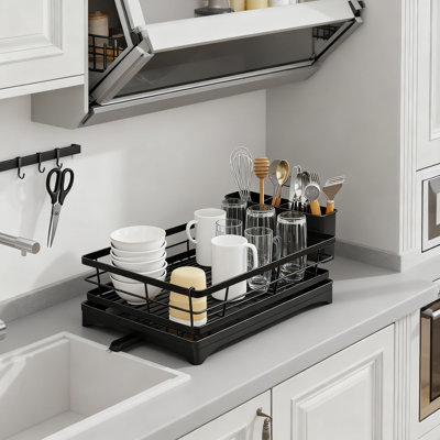 Stainless Steel Dish Drying Rack For Kitchen Counter With Utensil Holder And Adjustable Drain Spout, Compact Sink Organizer With Drip Tray
