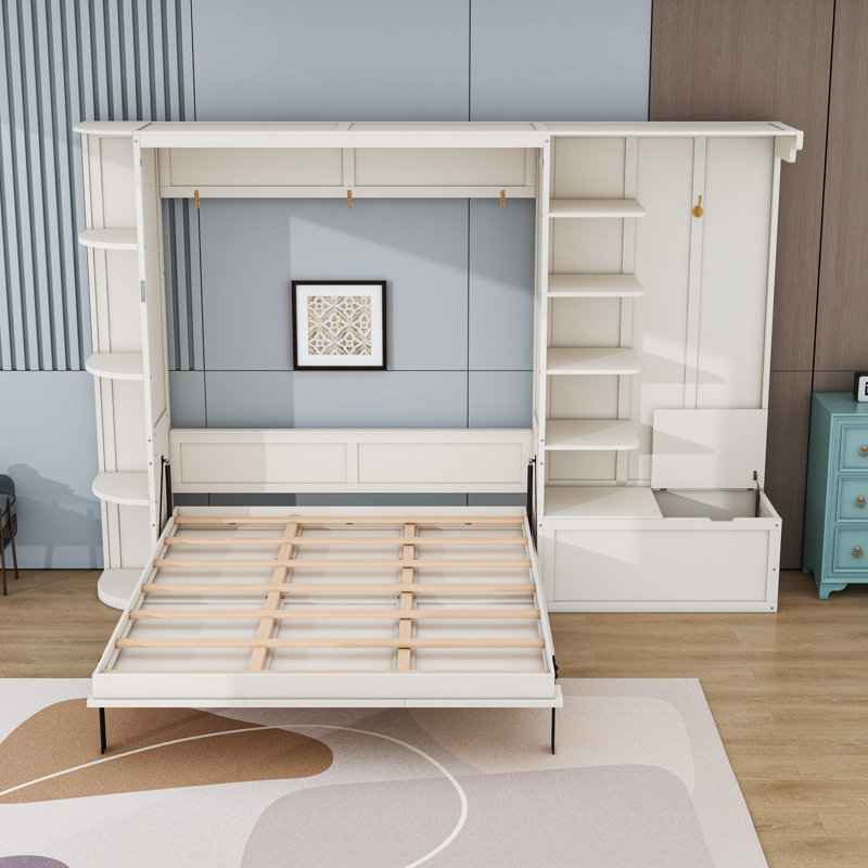 Grand lit escamotable en bois avec tablettes et lumières, Blanc