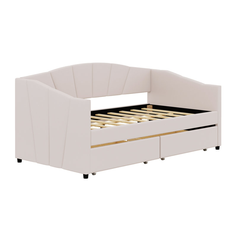 Upholstered Daybed With Two Drawers, Beige