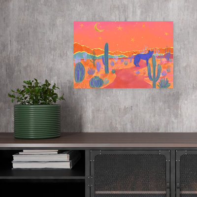 Coyote sous la lune du désert, art mural de paysage de cactus vibrant surréel