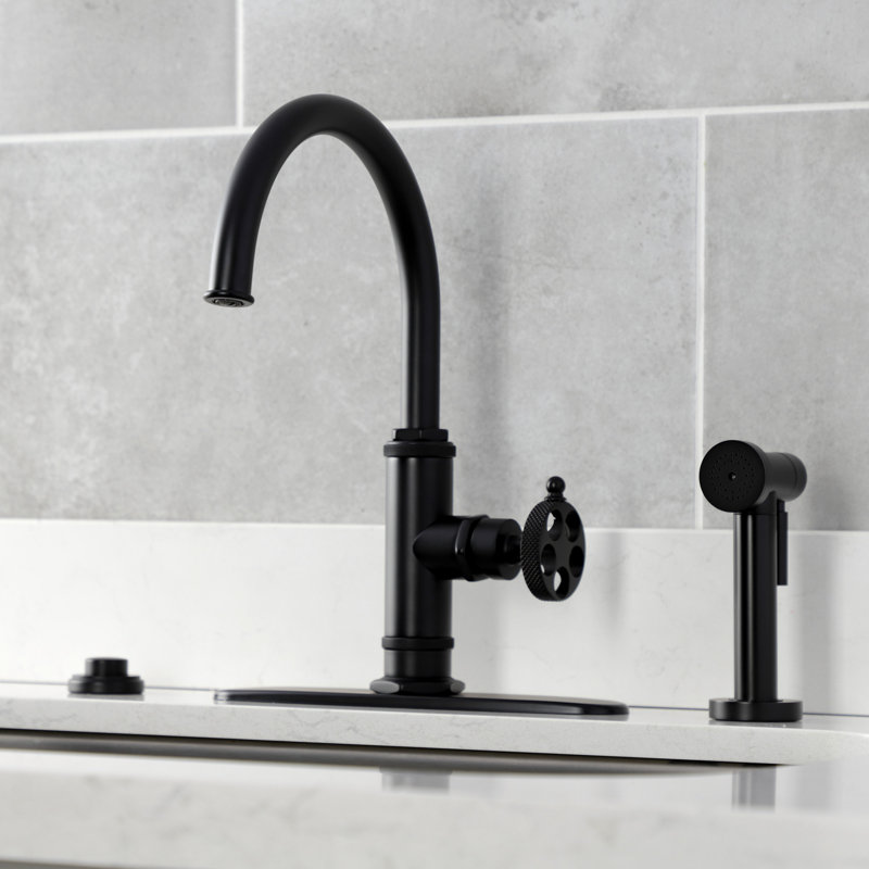 Kingston Brass Webb Single-Handle 1-Hole Deck Mount Kitchen Faucet with Knurled Handle and Brass Side Sprayer, Matte Black