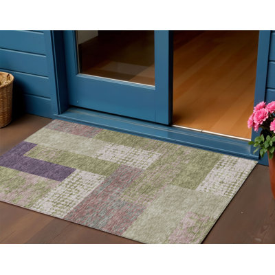 Tapis extérieur lavable géométrique 3 pi x 5 pi vert mauve et rose