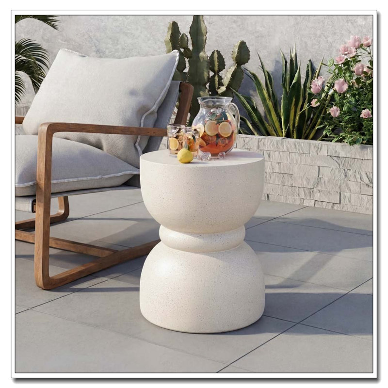 Outdoor Side Concrete Table for Patio Indoor Outdoor, Beige-Rounded Waist
