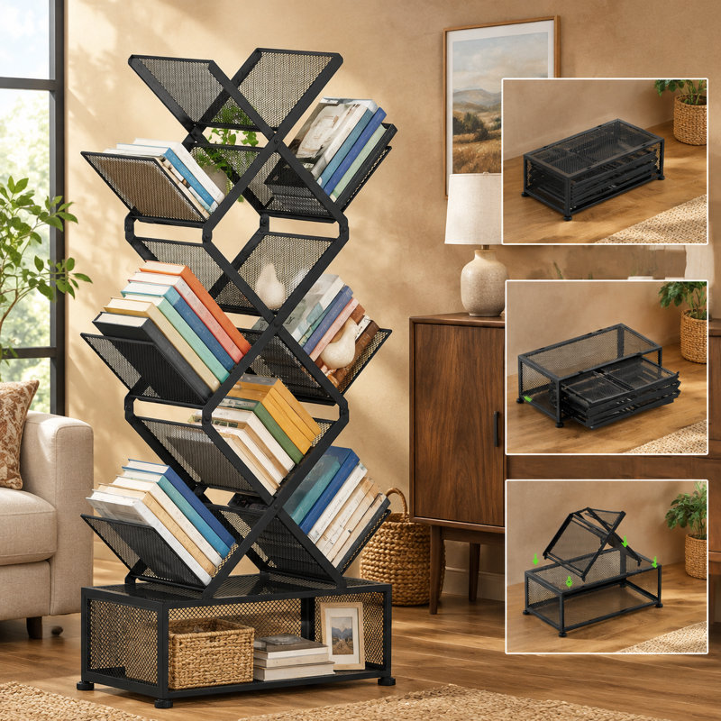 Étagère en métal noir à 9 niveaux, gain d'espace, pliable, idéale pour le salon, le bureau, la chambre ou toute autre pièce de la maison. Installation facile et rapide.