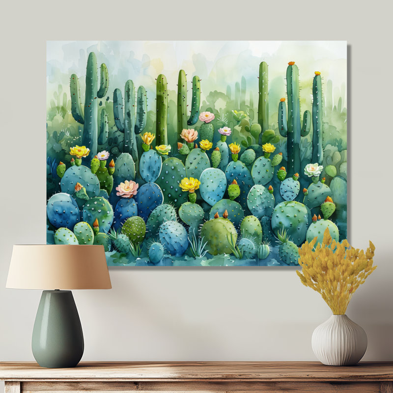 Vert, vert, désert, jardin de cactus - impression de cactus floral, H 30 po x l 40 po x P 1,5 po, Toile tendue