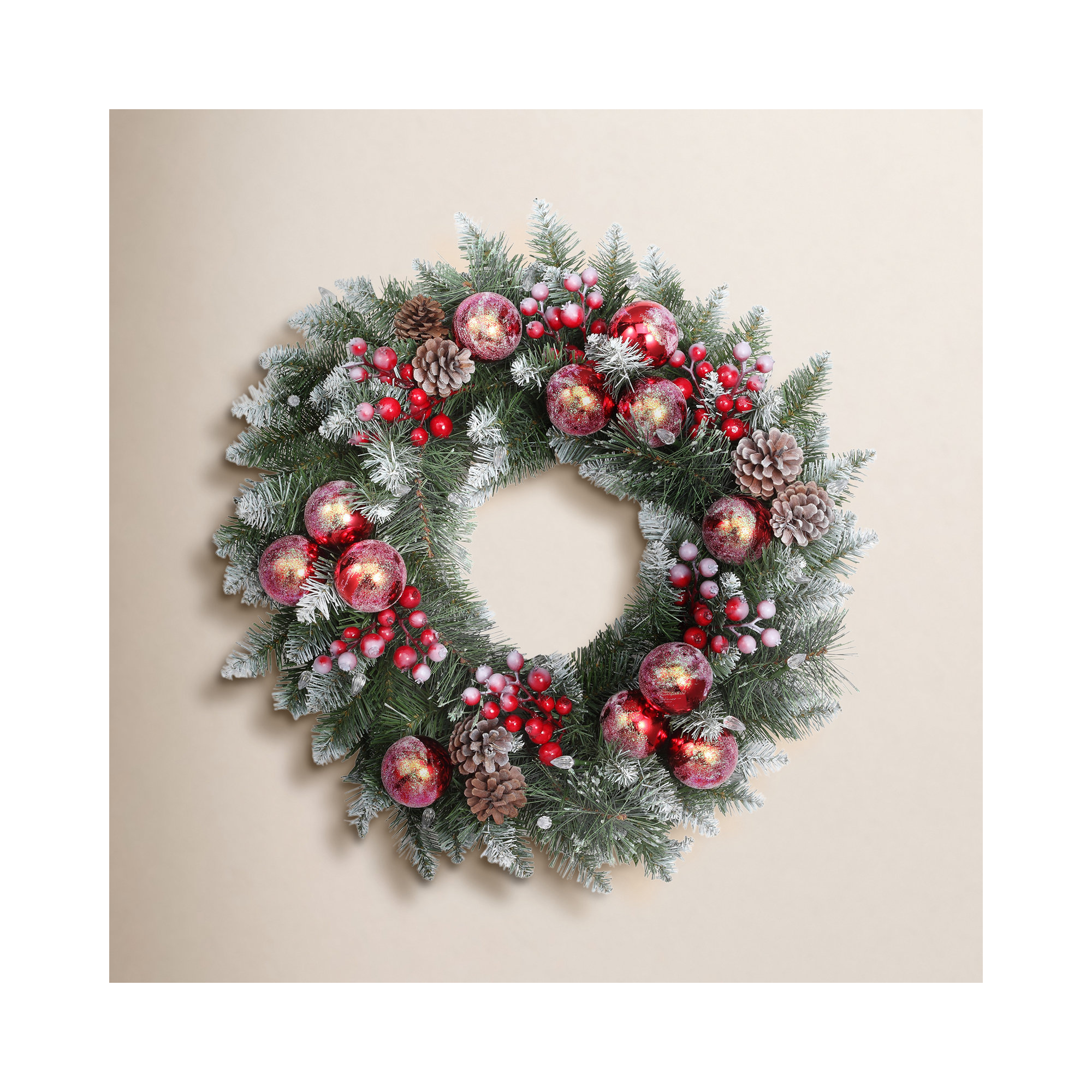 24 Inch Frosted Ithica Pine Wreath with Soft White LED Lights and Auto Timer
